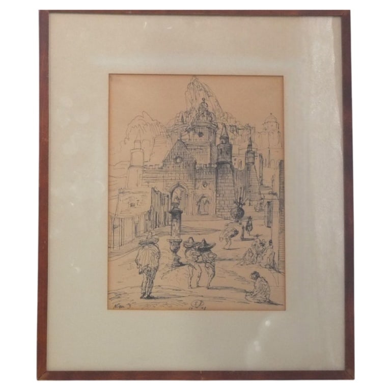 Eugene Berman Pen & Ink Drawing "Mexico": Eugene Berman (Russian, 1899-1972) Pen & Ink Drawing on paper "Mexico Before 1957" Inscribed by artist: Nov. 3, G.B., 17 W. 48 lower edge; inscribed description on framers label by artist to verso. Fr