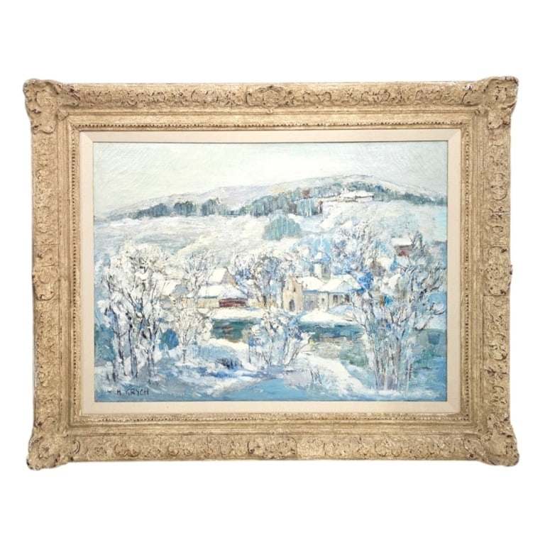 Henryk Krych Oil on canvas "Winter Landscape": Henryk Krych (Polish, 1905-1980) Oil on canvas "Winter Landscape". Signed lower left, inscribed verso. Measures 23-1/4" x 31-1/4" (sight), frame 33-1/4" x 41-3/4". Condition: Good condition. Estimate 