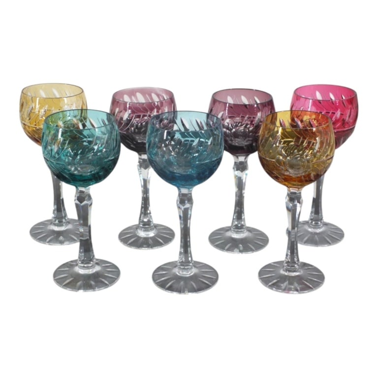 7 Bohemian Cut to Clear Crystal Wine Hocks: 7 Bohemian Jewel Tone Cut to Clear Crystal Wine Hocks. Unsigned. Measures 7-5/8". Estimate 160 - 320 Domestic shipping Third Party