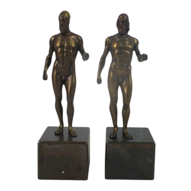 Pair of Vintage Riace Bronze Greek Warrior Figures: Pair of Vintage Riace Bronze Greek Warrior Figures. Unsigned. On metal bases. Measures 6-3/4" H. Condition: Good condition. Estimate 100 - 300 Domestic shipping Third Party