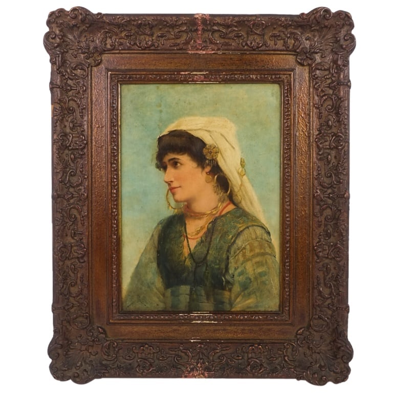 Jules Preval Oil on Board "A Romanian Maid": Jules Preval (19/20th Century) Oil on Board "A Romanian Maid" Signed Lower Left inscribed with title verso. Sight measures 13" x 9-3/8". Frame measures 20-7/8" x 16-3/8". Condition: Craquelure, yellow