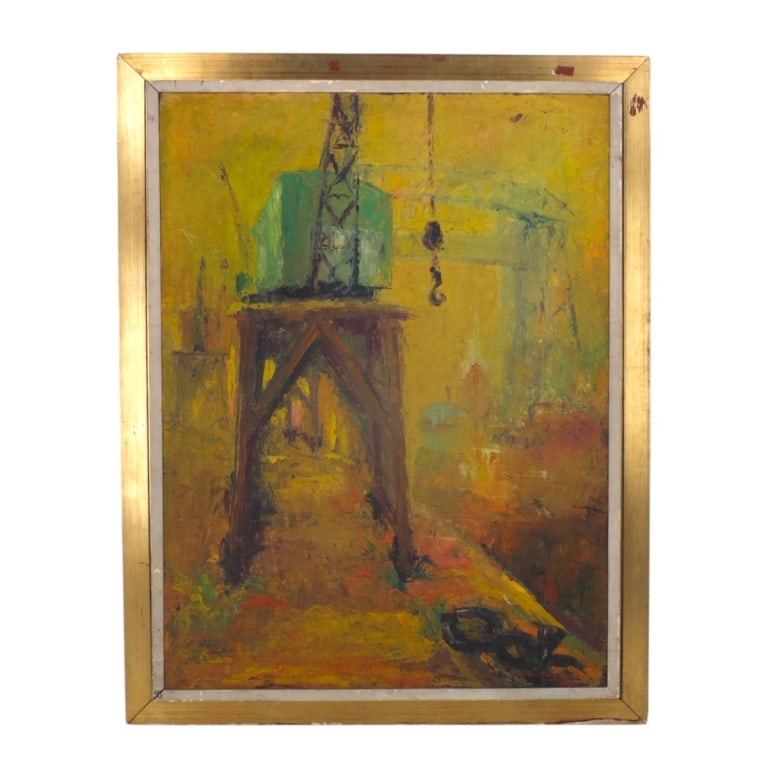 Maritza Stavrinakis (Argentine, b. 1914): Maritza Stavrinakis (Argentine, b. 1914) Oil on masonite "Gruas en Perspectiva" depicting an brutalist industrial landscape. Signed and dated 1976 lower right, exhibition label affixed to verso. Measu