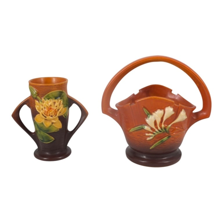 Roseville Freesia Basket, Water Lily Vase- 2 Pcs (1 of 6)