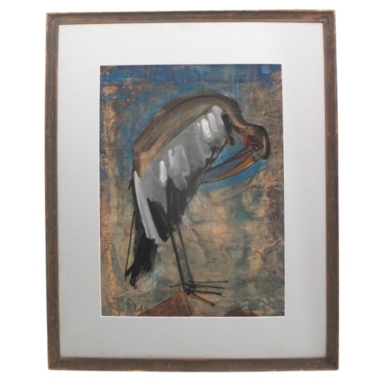 William Calfee Tempera on Paper "Heron": William Calfee Tempera on Paper "Heron". Signed and dated '46 lower left. Framed, no glass. Measures 22" x 16" (sight), frame 31-1/2" x 25-1/2". Condition: A few scuffs from storage or in good