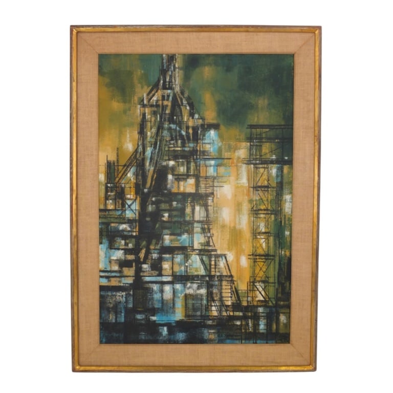MCM Brutalist Oil on Canvas "Industrial Abstract": Mid Century Brutalist Oil on Canvas "Industrial Abstract". Signed lower right" R.O. ? Sondheim? Measures 36-1/4" x 24-1/4", frame 42-1/2" x 30-1/2". Condition: Good condition. Estimate 160 - 320