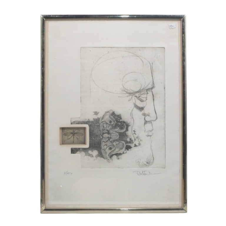 Bob Fowler Etching "Profile with Butterflies": Bob Fowler (American/Texas, 20/21st C) Etching "Profile with Butterflies". Pencil signed and numbered 1/755. Framed under glass. Full deckled sheet measures 21" x 15", frame 22-3/4" x 16-3/4".