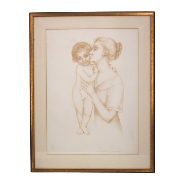 Leonardo Pizzanelli Lithograph "Mother & Child": Leonardo Pizzanelli (Italian, 1920-1984) Lithograph "Mother & Child". Signed and numbered 74/80. Framed and under glass. Measures 26" x 19" (sight), frame 33-1/2" x 26-1/4". Condition: Good