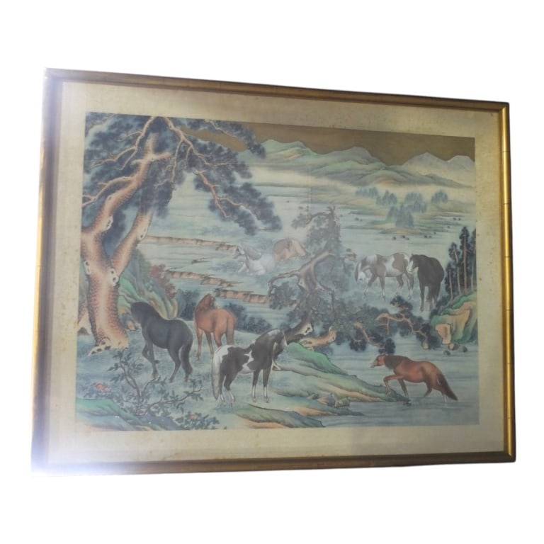 Possibly Ma Jin Painted Scroll "Eight Horses": Possibly Ma Jin (Chinese, 1899-1970) Painted Silk Scroll "Eight Horses". Also reminiscent of Lang Shining/Giuseppe Castiglione (1688–1766) "One Hundred Horses". Unsigned. Framed under glass. Measure