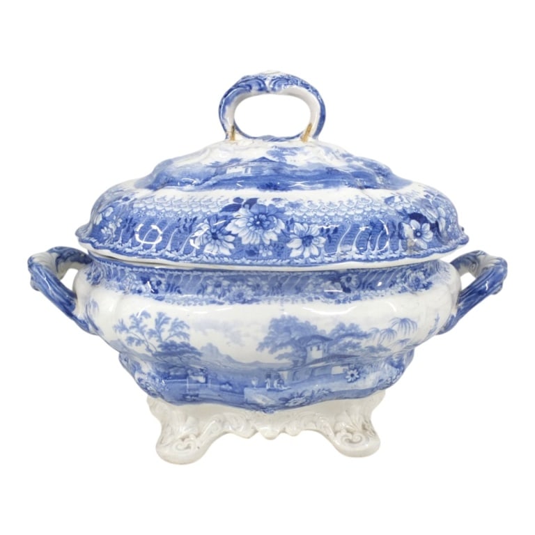 Huge Antique Staffordshire Transferware Tureen: Huge Antique Staffordshire Transferware Covered Tureen. Landscape with houses motif. Unsigned. Measures 11-1/2" x 15" x 10". Condition: Old stapled repair to handle or in good antique condition with n