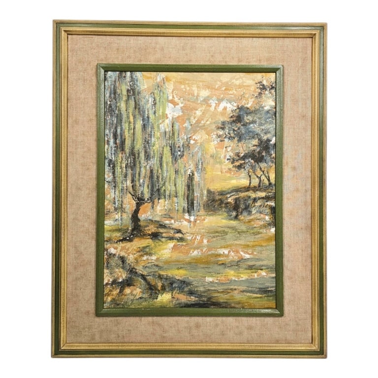 Vintage Gouache on Paper, Landscape with Willow: Vintage Gouache on Paper, "Landscape with Willow". Signed illegibly lower left. Measures 23" x 16-3/4" (sight), frame 32-1/2" x 26-1/2". Condition: No glass cover. Toning to the paper. Estimate 100 -