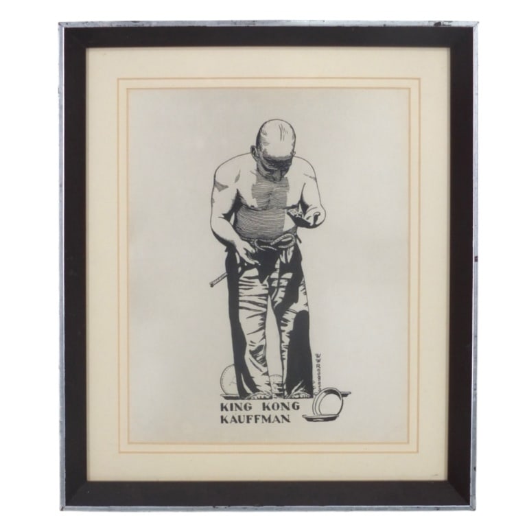 WW Rodgers India Ink Drawing "King Kong Kauffman": W.W. Rodgers (20th C) Indian ink drawing on paper "King Kong Kauffman". Artists label to verso. Framed and under glass. Measures 13" x 11" overall including frame. Condition: Good condition. Estimate 
