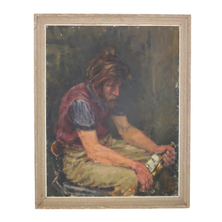 Vintage Oil on Canvas "Down and Out": Vintage Oil on Canvas "Down and Out". Signed illegibly lower right. Measures 36" x 28", frame 40" x 32". Condition: Craquelure, flaking. Estimate 100 - 300 Domestic shipping Third Party