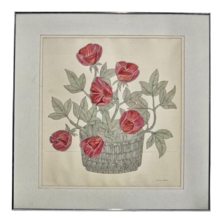 Sylvan John Rienks Ink, Anemones in Steel & Enamel: Sylvan John Rienks (Native American, 1929-1991) Ink and watercolor "Anemones in Steel & Enamel". Signed lower right; typed inscription affixed to verso: a drawing for David Keltner at Christmas -