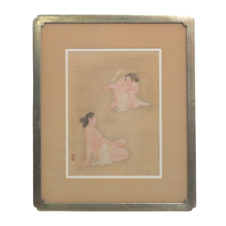 Vintage Japanese Shunga Watercolor: Vintage Japanese Shunga Watercolor. Stamped lower right. Framed and under glass. Measures 11-1/4" x 8-1/4" (sight), frame 18-1/4" x 15-1/4". Condition: Good condition. Estimate 60 - 120 Domestic