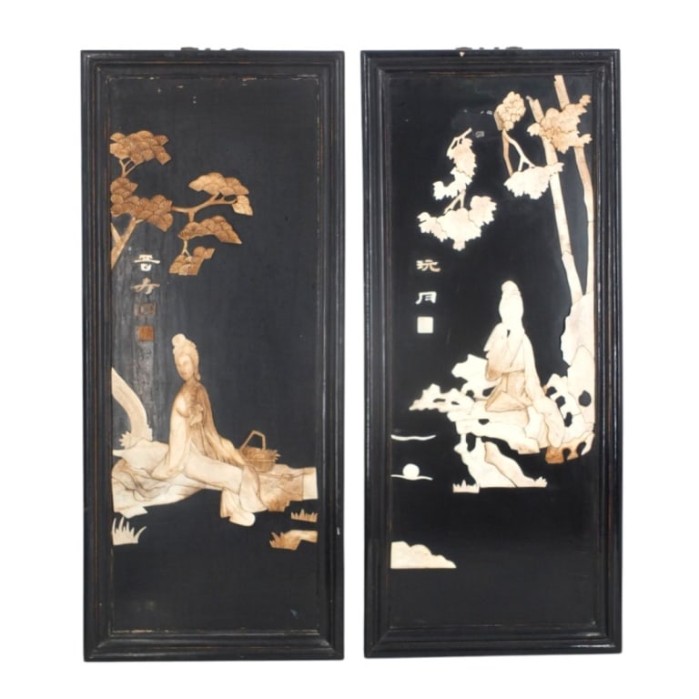 4 Vintage Chinese Lacquer & Bone Decorative Panels: 4 Vintage Chinese Lacquer & Bone Decorative Panels. Black lacquer wood panels decorated with bone appliques. Signed. Each panel measures 33-1/2" x 14-1/2" Condition: Wear and some losses. Estimate