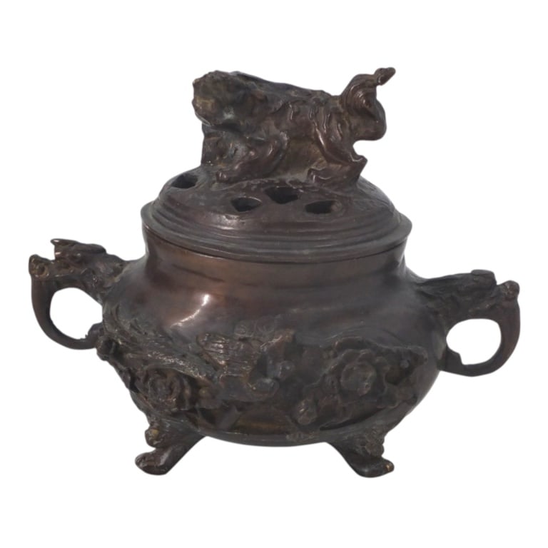 Circa 1920s Chinese Bronze Incense Burner: Circa 1920s Chinese Bronze Incense Burner with Raised Pheasant and Floral Motif and Handles. Unmarked. Measures 5-3/4" x 6-3/4". Condition: Minor bending to one foot otherwise good condition.