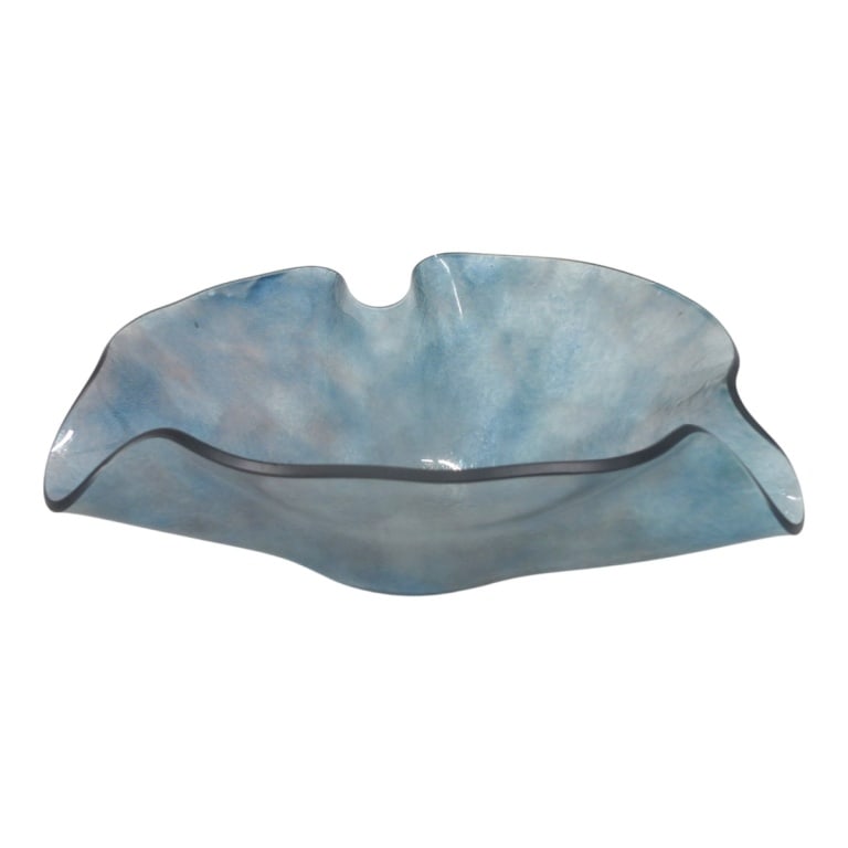 Studio Art Glass Freeform Bowl SIGNED: Studio Art Glass Textured Free Form Bowl. Signed Sherry Schuster and dated '83 on bottom. Measures 4-3/4" H x 14-1/2". Condition: Light scratch on outside, no chips or cracks. Estimate 60 - 160 Domest