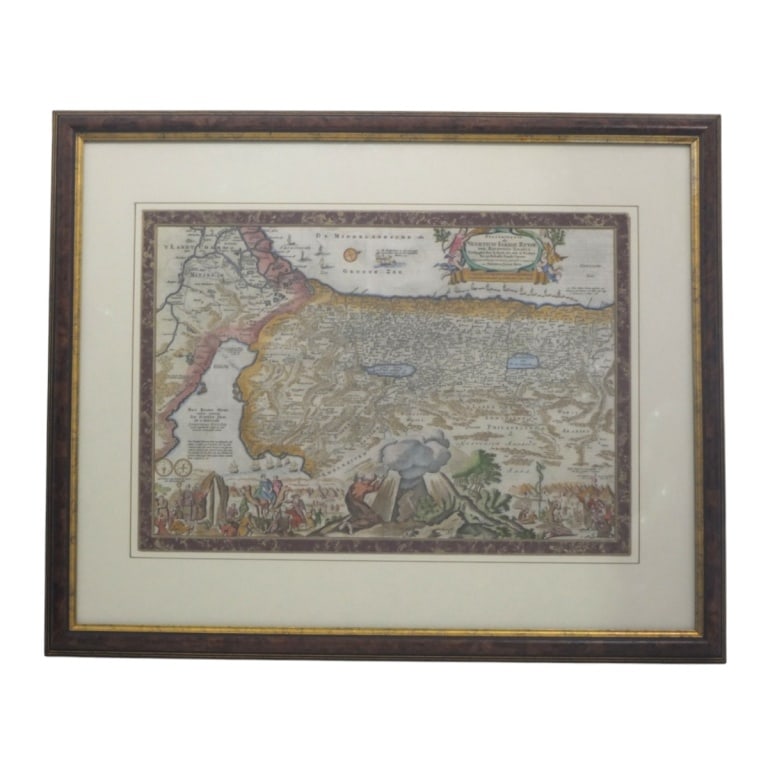 Hand Colored Dutch Engraving, Map of The Holy Land: Hand Colored Dutch Engraving "Map of The Holy Land" published by Pieter and Jacob Keur. Framed and under glass. Measures 13-3/4" x 19-1/2", frame 21-1/4" x 26-1/4". Condition: Good condition. Estimate
