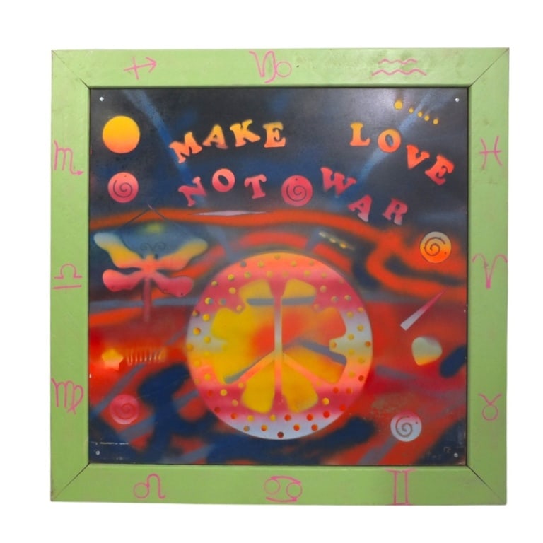 Jim Lutes Mixed Media "Make Love Not War": Jim Lutes (American/Chicago b. 1955) Mixed Media "Make Love Not War". Signed J. Lutes '18. Inscribed by artist verso and artist's card. Measures 29" x 29-1/4" overall including frame. Condition: Minor