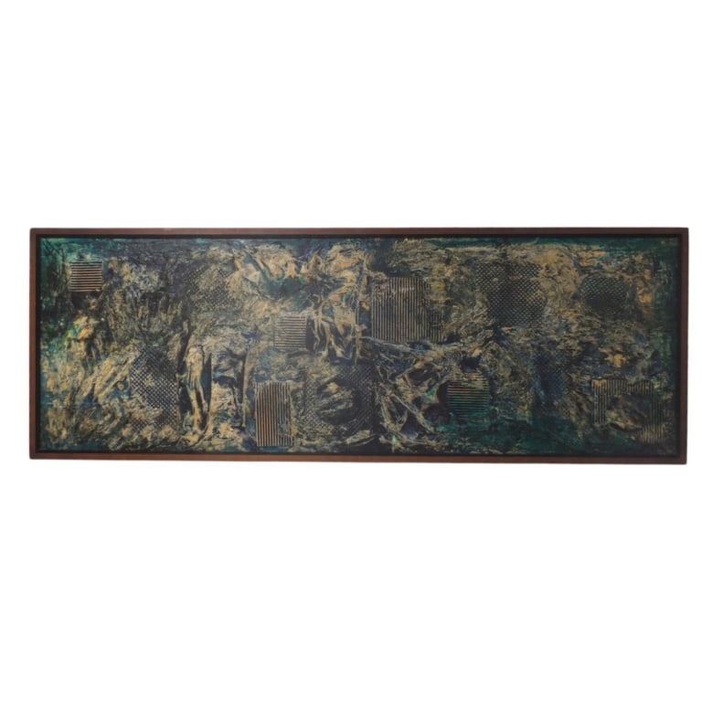 Mid Century Abstract Expressionist Oil on Wood: Mid Century Modern Abstract Expressionist Heavy Impasto Oil on Wood "Untitled Composition". Signed lower right HH. Measures 21-1/4" x 59-1/4". Condition: Good condition. Estimate 160 - 320 Domestic sh