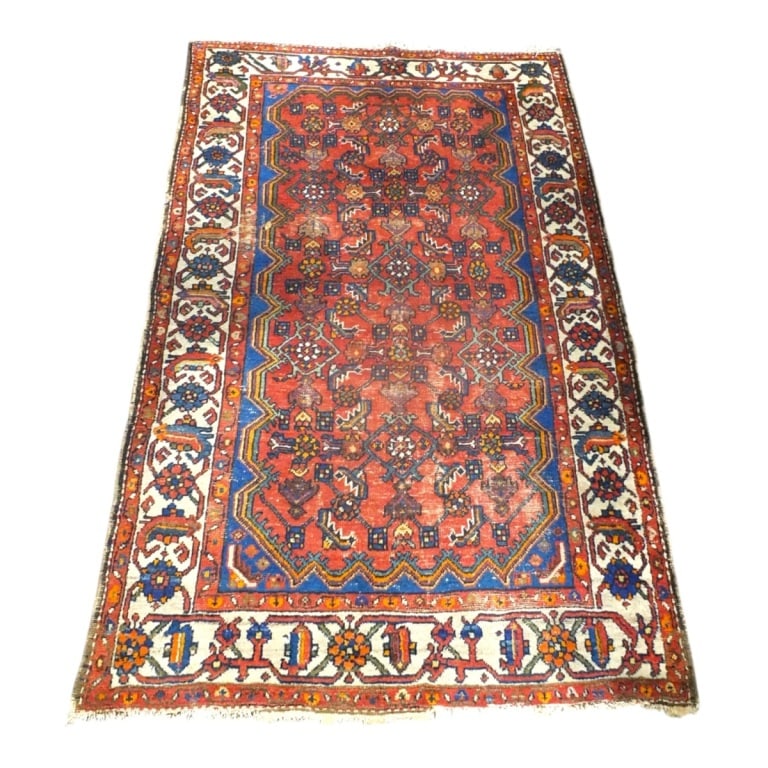 Semi Antique Persian Malayer Rug: Semi Antique Persian Malayer Wool Rug. Various patterns over multi color ground. Measures 82-1/4" x 51". Condition: Some wear to the fringes and border. Some mossing. Estimate 100 - 300 Domestic shipp