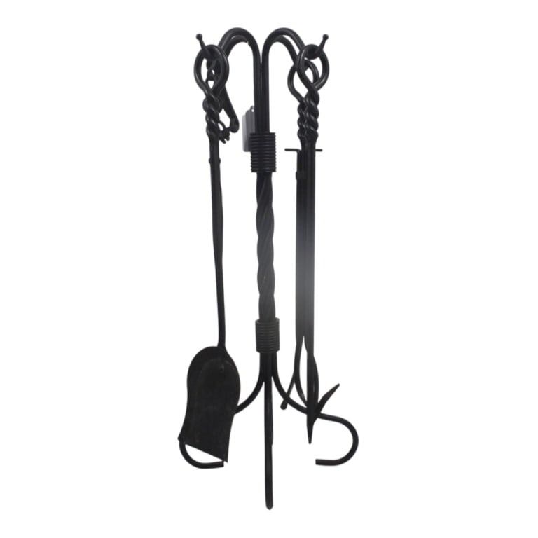 Vintage Wrought Iron Fireplace Tool Set: Vintage Wrought Iron Fireplace Tool Set. Unsigned. Measures 29-1/4" H. Condition: Good condition. Estimate 160 - 320 Domestic shipping Third Party