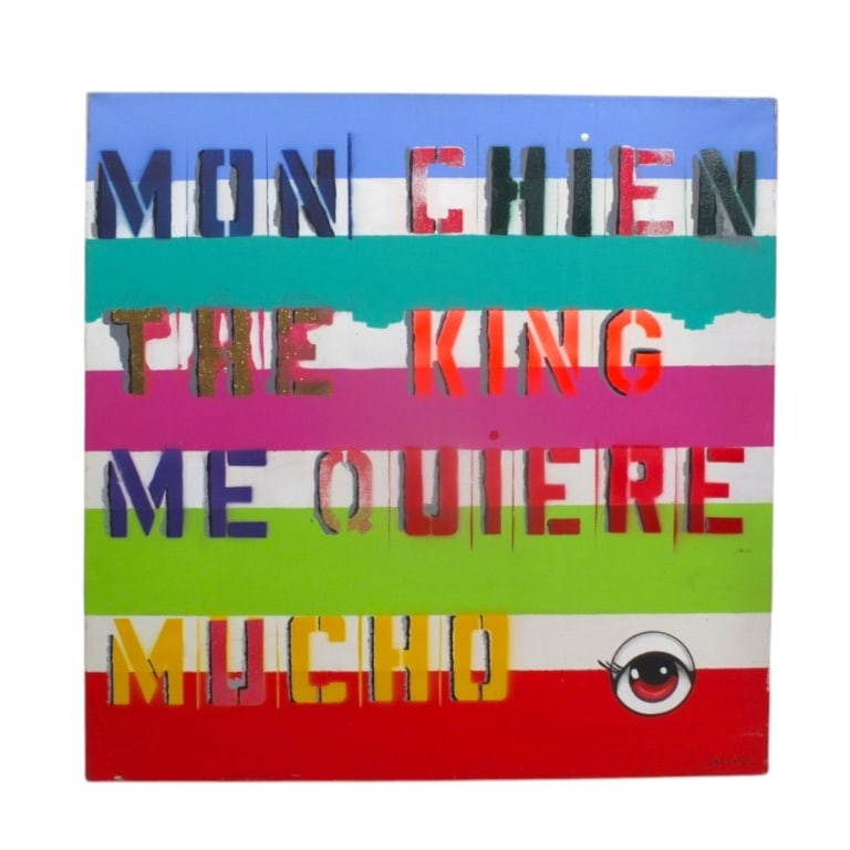 Clara Poupel Mixed Media Pop Art "Mon Chien": Clara Poupel (French, 21st C) Mixed Media Pop Art on canvas "Mon Chien, Me Quiere, Mucho". Signed lower right. Measures 24" x 24". Condition: Some wear, small tear lower right. Estimate 100 - 1000 Dom