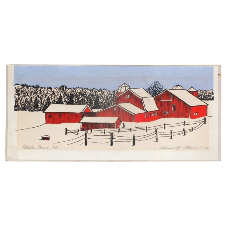 Thomas M Johnson Lithograph, Winter Barns '73 (1 of 3)