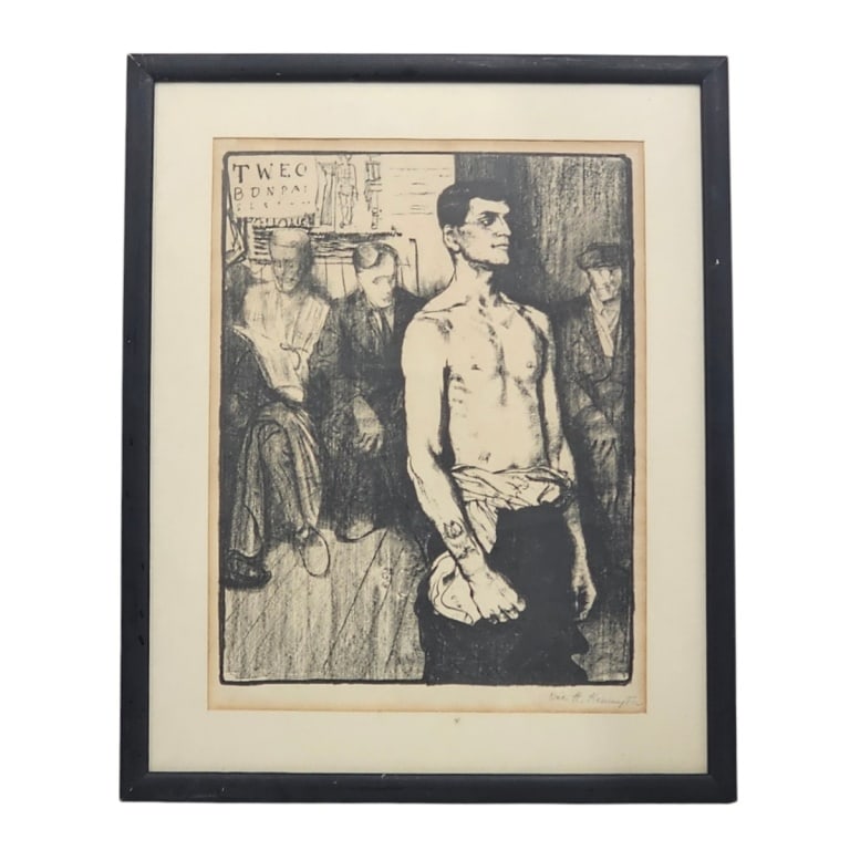 Eric H Kennington Etching "WWII Illustration": Eric Henri Kennington (UK, 1888-1960) Etching "WWII Illustration". Pencil signed lower right. framed and under glass screen. Measures 19-1/2" x 15" (sight), frame 25-3/4" x 21". Condition: Toning cons
