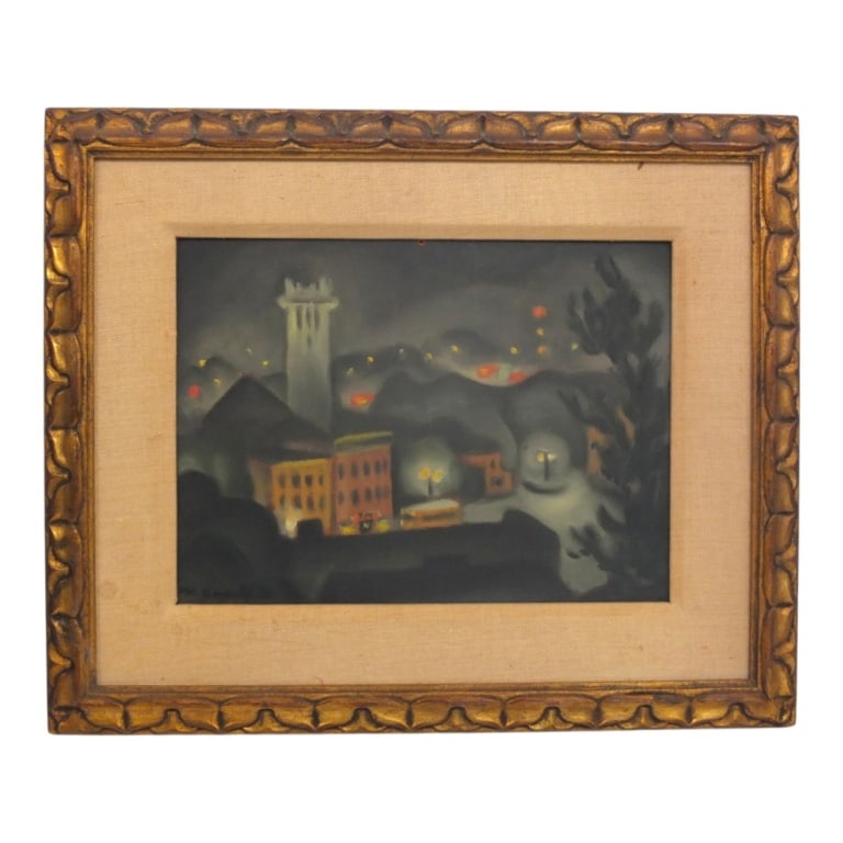 Mid Century Oil on Masonite "Night in the City": Mid Century Oil on Masonite "Night in the City" . Signed lower left ME Barsall? '51. Measures 9" x 12", frame 14-1/4" x 17-1/4". Condition: Good condition. Estimate 80 - 160 Domestic shipping Third