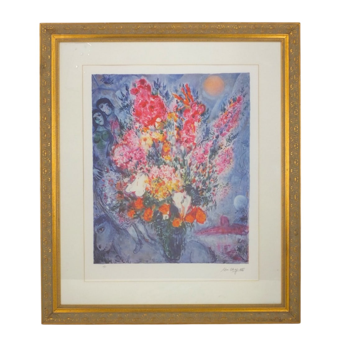 Marc Chagall Lithograph "Bouquet of Flowers": Marc Chagall (Russian/French 1887-1985) Lithograph "Bouquet of Flowers". Pencil signed and numbered 246/250, COA affixed to verso. Framed and under glass. Measures 26" x 21" (sight), frame 36-1/4" x 3