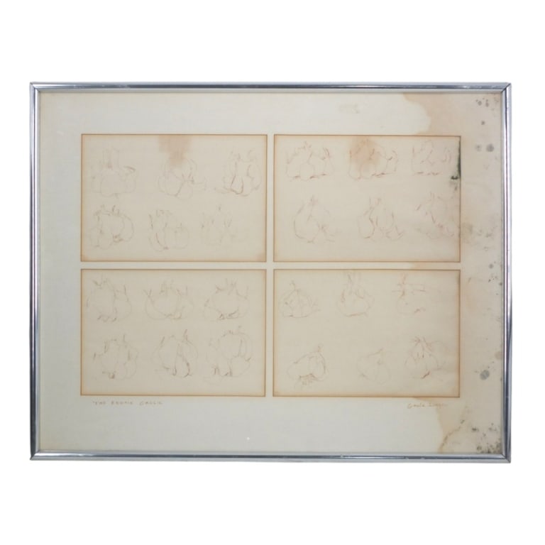 Geula Dagan Ink Drawing "The Erotic Garlic": Geula Dagan (Israeli b. 1925) Ink Drawing "The Erotic Garlic". Inscribed and signed by the artist. Framed and under glass. Measures 21-1/2" x 27-1/2" (sight), frame 22-1/2" x 28-3/4". Condition: Faded