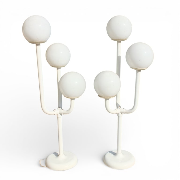 Pair 1970's White Acrylic Space Age Floor Lamps: Pair 1970's White Acrylic 3 Arm Space Age Floor Lamps. Unsigned. Measures 58" H x 12" at base, globes 10" diameter. Condition: Needs rewiring, typical wear and signs of age and storage, good condition