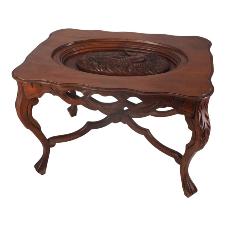 Circa 1940s French Side Table: Circa 1930s French carved walnut side table with deep relief carved nude figure. Measures 18-1/2", 23-3/4", 17-1/2". Condition: Good condition. Estimate 300 - 600 Domestic shipping Third party