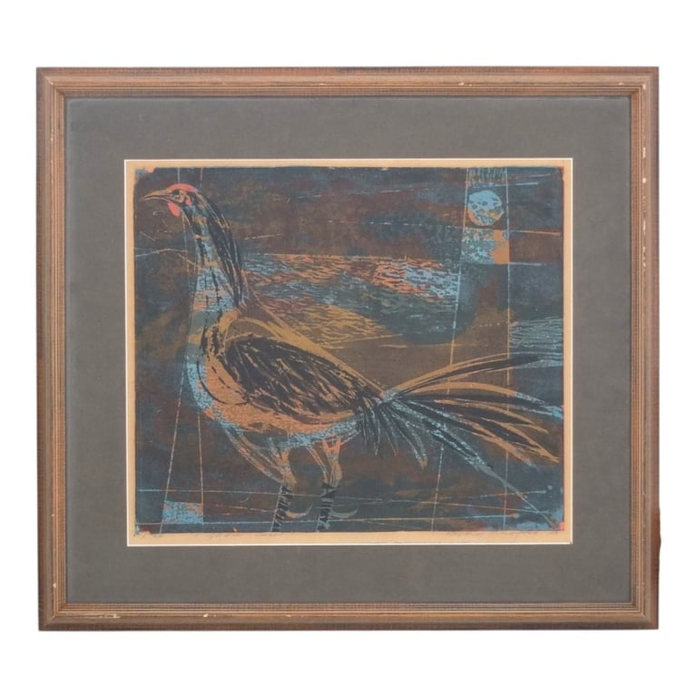 Howard Bradford Color Lithograph "Golden Cock": Howard Hugh Bradford (Canadian, 1919-2008) MCM Color Lithograph "Golden Cock". Pencil signed and numbered E 35, dated '53. Framed and under glass. Measures 14-1/2" x 17", frame 21-1/2" x 24".