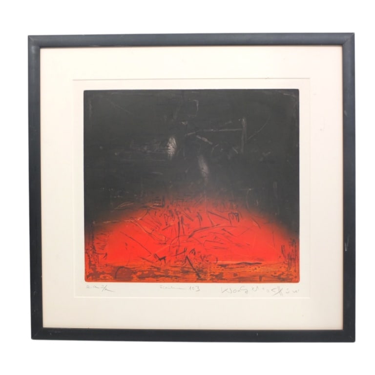 Wong Moo-Chew (Malaysian, b. 1942) Ecriture 103: Wong Moo-Chew (Malaysian, b. 1942) Etching and aquatint in colors on wove paper "Ecriture 103". Pencil Signed, numbered EA. I/X, and titled in pencil along lower edge. Framed, no glass. Measures 16"