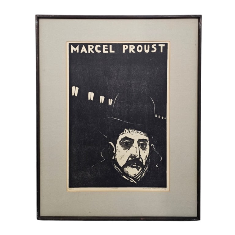 Leonard Maurer 1973 Woodcut "Marcel Proust": Leonard Maurer (American, 1912-1976) Woodcut "Proust". Pencil signed, dated 1973, numbered 35/100, titled in lower margin. Framed, no glass. Measures 22-1/2" x 15-1/2", frame 31-1/4" x 25".
