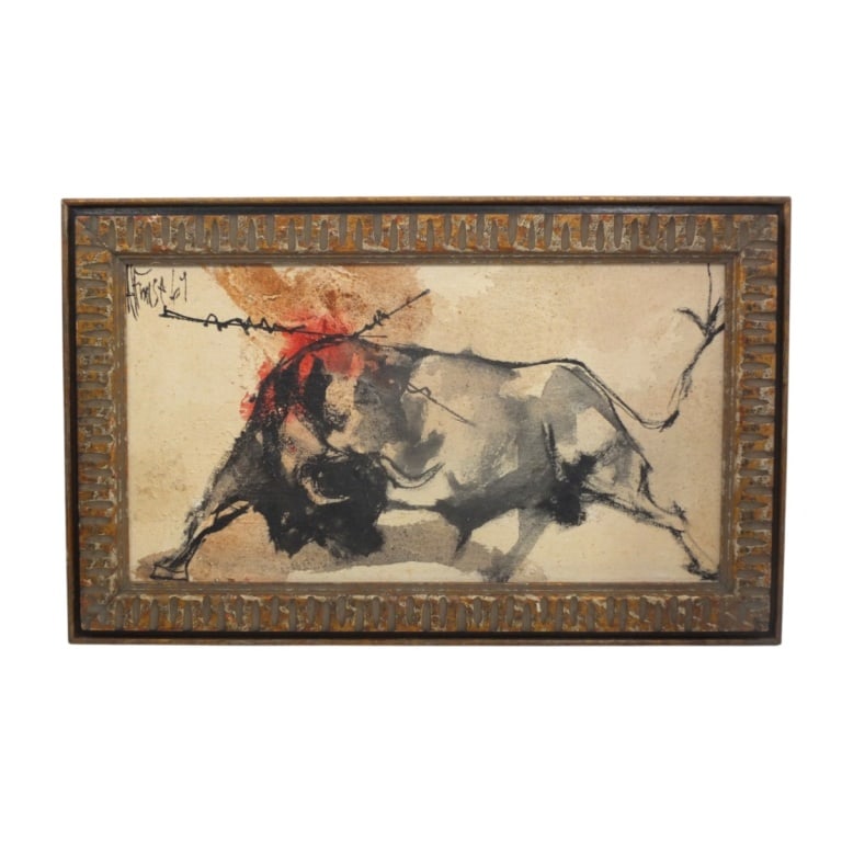 Style of Elizabeth Frink 1964 Oil/Canvas "El Toro": Style of Elizabeth Frink (UK, 1930-1993) 1964 Mid Century Oil on Canvas "El Toro". Signed and dated illegibly upper left, dated 64. Measures 11-1/4" x 21" (sight), frame 16" x 25-3/4". Condition: