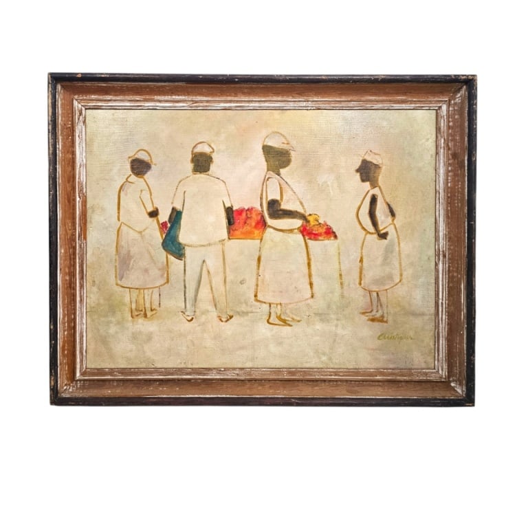 Christopher, Black Americana Oil/Board "Market": Vintage Naive Black Americana Oil on Masonite "Market". Signed Christopher lower right. Measures 24" x 32", frame 29" x 36-1/4". Condition: Goode condition. Estimate 160 - 320 Domestic shipping Third