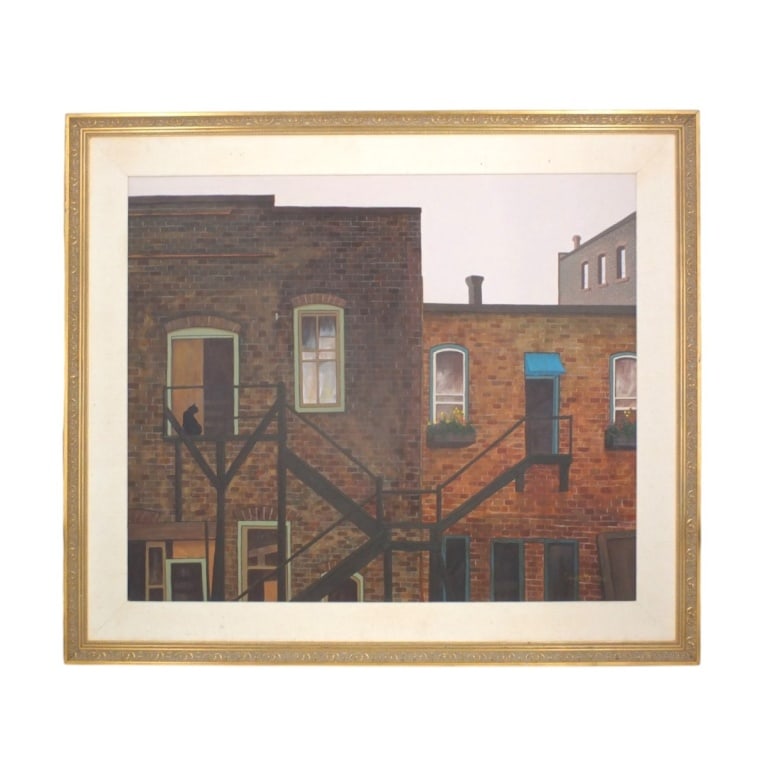 Chris MacClure O/C "Back Alley Studio with Cat": Chris MacClure (Canadian, b. 1943) Romantic Realism oil on canvas "Back Alley Studio with Cat". Signed C. MacClure lower right. Measures 30-1/2" x 36", frame 38" x 44". Condition: Good condition.