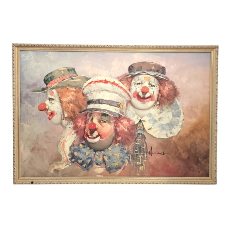 William Moninet MCM Oil on Canvas "Clowns": William Moninet (1937-1999) MCM Oil on Canvas "Impressionist Clowns". Signed lower right. Measures 24" x 36", frame 26" x 38". Condition: Good condition. Estimate 100 - 300 Domestic shipping Third
