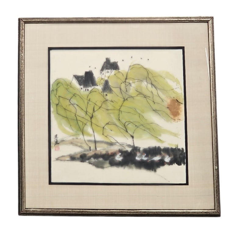 Possibly Wu Guanzhong W/C "Landscape with Swans": Possibly Wu Guanzhong (Chinese, 1919-2010) Watercolor on paper "Landscape with Swans". Stamped and signed lower left. Framed and under glass. Measures 13" x 13-1/4" (sight), frame 20" x 20".