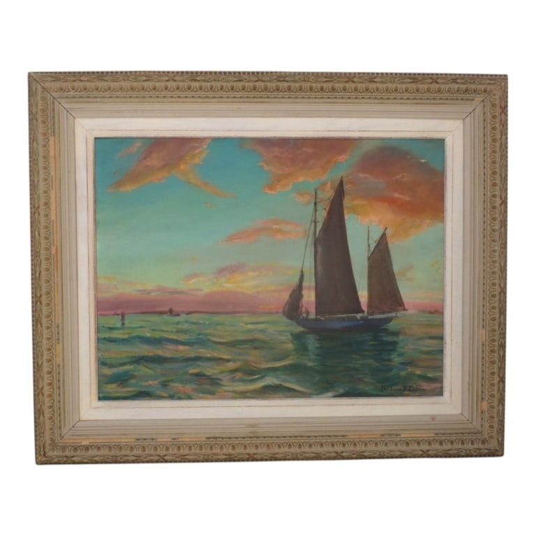 Barbara F. Lupin (20th Century): Barbara F. Lupin, American (20th Century) Oil on Board "Ship at Sea" Signed and Dated 1954 Lower Right. Inscribed en verso. Sight 18-1/8" x 24". Frame 26-1/4" x 32-1/4". Condition: Good condition.
