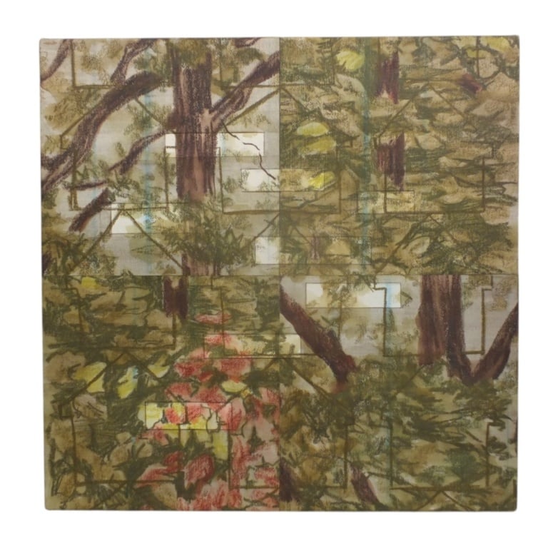 Betsy Damos Mixed Media "Keeping it Together": Betsy Damos (21st C) Mixed Media on Canvas "Keeping it Together". Signed, dated 2001 and titled verso. Measures 22" x 22". Condition: Good condition. Estimate 100 - 1000 Domestic shipping Third Party