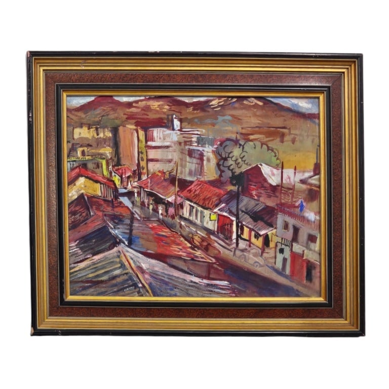WPA Style Watercolor "Mountain Town", Signed: WPA Style Watercolor "Mountain Town", Signed illegibly lower right. Framed and under glass. Measures 16" x 20", frame 21-1/2" x 25-1/2". Condition: Good condition. Estimate 100 - 300 Domestic
