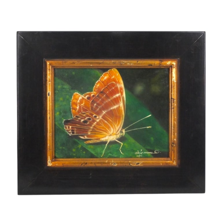 Contemporary Oil on Canvas "Judy Butterfly": Contemporary Oil on Canvas "Judy Butterfly". Signed illegibly lower right. Measures 8" x 10", frame 13-3/4" x 15-3/4". G Condition: Good condition. Estimate 40 - 80 Domestic shipping Third Party