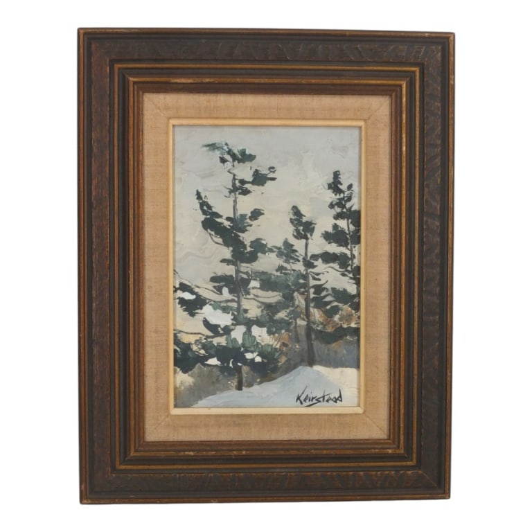 James Keirstead Oil/Board "Pines Harrowsmith": James Keirstead (Canadian 20th C) Oil on Masonite "Pines Harrowsmith". Signed lower right, inscribed verso. Measures 9" x 6-1/4", frame 14-1/2" x 11-1/2". Condition: Good condition. Estimate 160 -