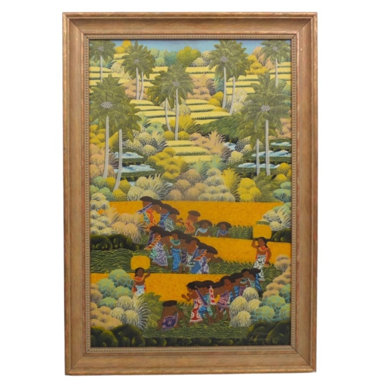 70's Balinese Folk Art Oil/Canvas "Rice Harvest": 70's Balinese Folk Art Oil on Canvas "Rice Harvest". From the Young Artist School, Penestanan Kelod, Bali. Signed lower right, inscribed verso. Measures 23-1/2" x 15-1/2", frame 27" x 19". Condition:
