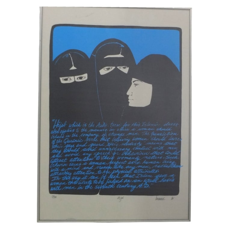 Signed Vintage Color Lithograph "Hijab": Signed Vintage Color Lithograph "Hijab". Pencil signed illegibly, dated '80, titled and numbered 13/30. Framed and under glass. Measures 25-1/2" x 18" including frame. Condition: Good condition.