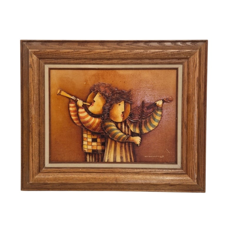 Meaminus: Style of Boulanger Mixed Media Musicians: Meaminus (20th C) Mixed Media on canvas "Musicians" Style of Graciela Rodo-Boulanger and Joyce Roybal. Signed lower right. Faded label verso: Artistic Interiors, Renoir Collection, tag from Clars